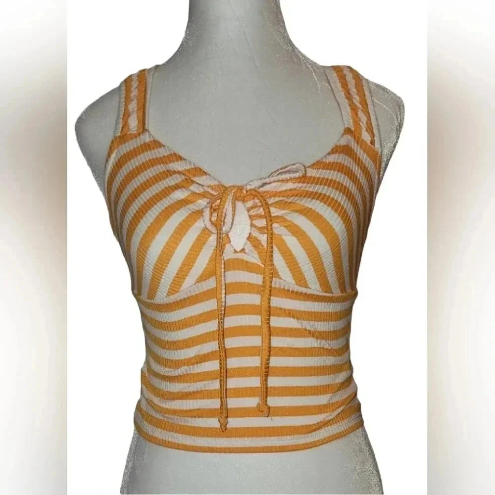 NWT SELF E Junior's Orange and White Striped Cropped Tank Top Size XS